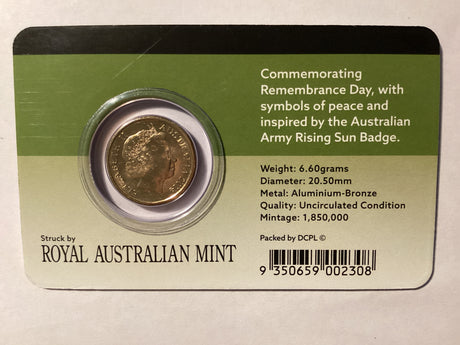 2014 $2 Uncirculated Carded Coin. Downies. Remembrance Day. Green Dove.