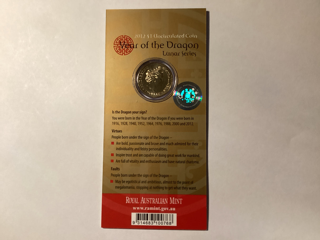 2012 $1 Uncirculated Coin. Lunar Series. Year of the Dragon.