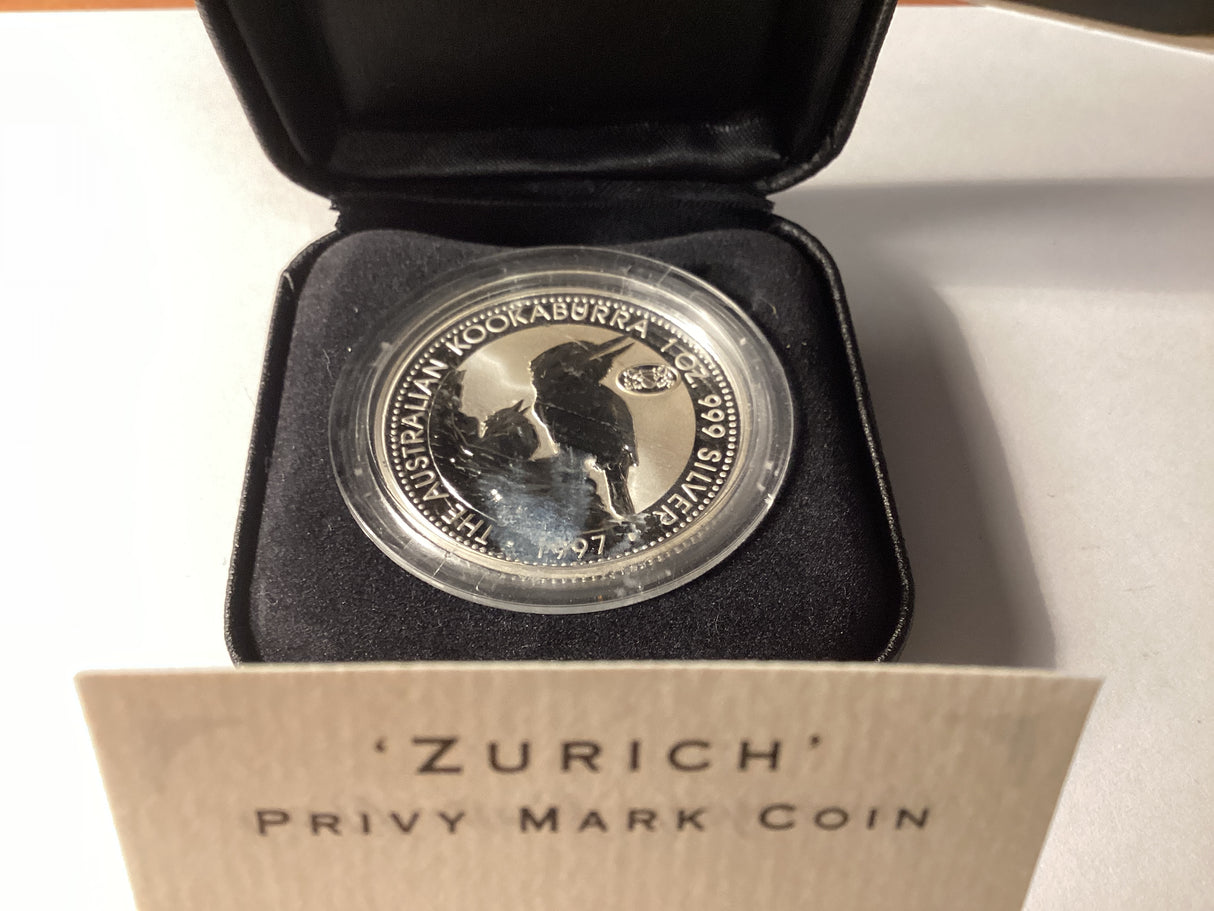 1997 $1 Kookaburra. 1oz Silver Coin. ‘Zurich’ Privy Mark.
