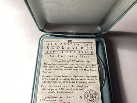 1997 $2 Kookaburra. 2oz Silver Coin. ‘Shilling’ Privy Mark.