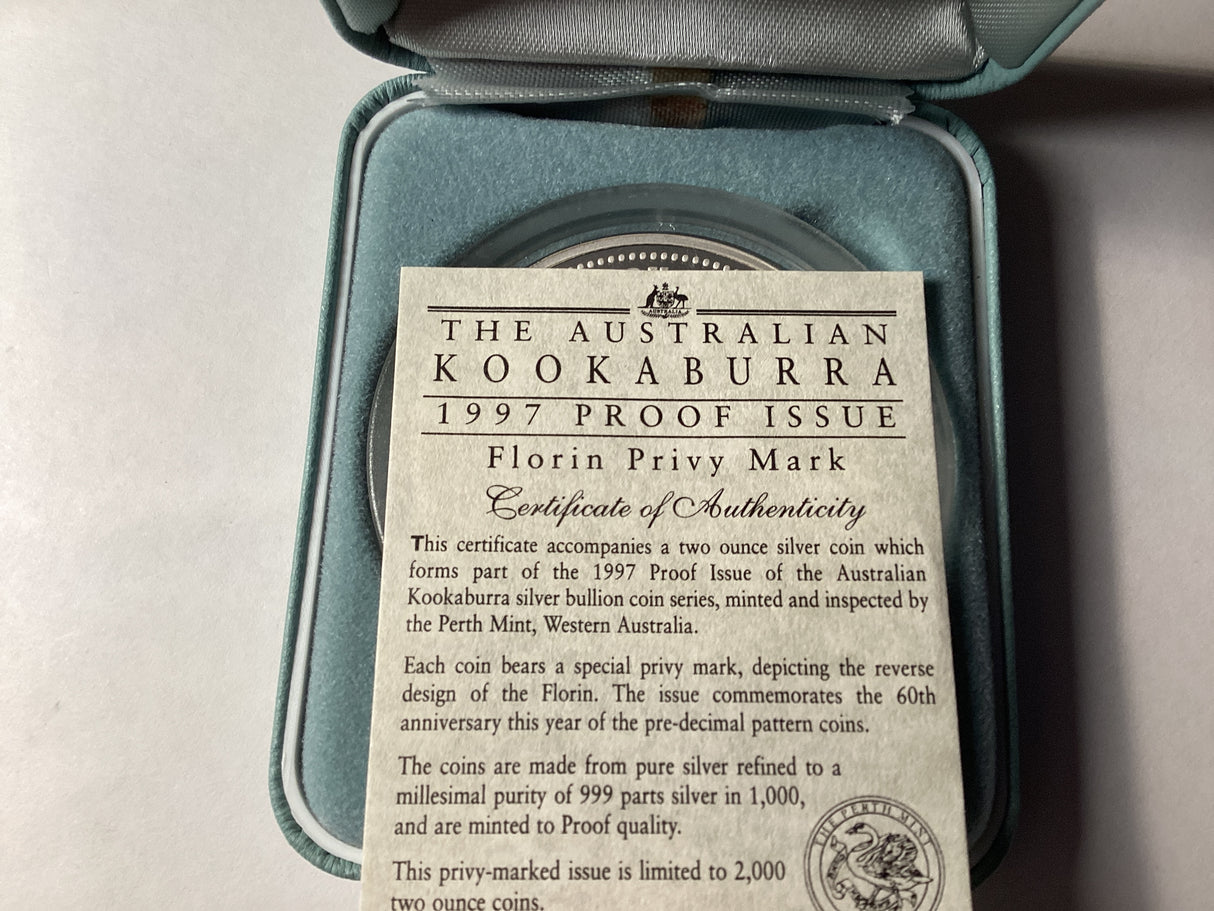 1997 $2 Kookaburra. 2oz Silver Coin. ‘Florin’ Privy Mark.