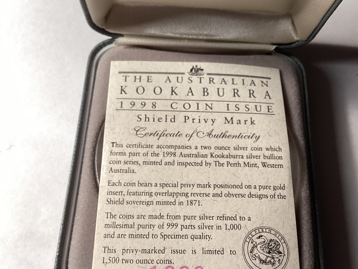 1998 $2 Kookaburra. 2oz Silver Coin. ‘Shield Sovereign’ Privy Mark.