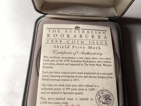 1998 $2 Kookaburra. 2oz Silver Coin. ‘Shield Sovereign’ Privy Mark.