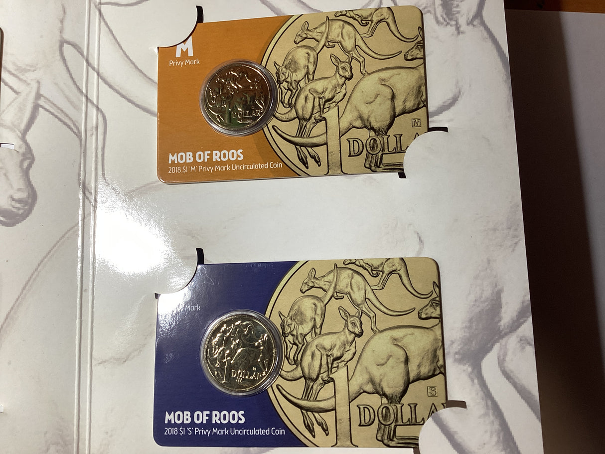 2018 ANDA Money Expo Complete Mob of Roos 4 Coin Folder. ‘P’, ‘B’, ‘M’, ’S’ Privy Mark Coins.