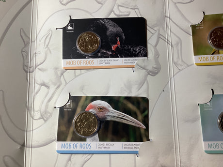 2020 ANDA Money Expo Complete Mob of Roos 4 Coin Folder. Black Swan, Brolga, Helmeted Honeyeater, Kookaburra Privy Mark Coins.