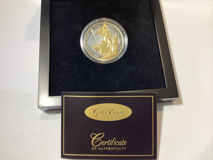 2017 2 Pound. Britannia Gold Enigma Premium Edition. 1oz Silver Proof Gilded Coin.