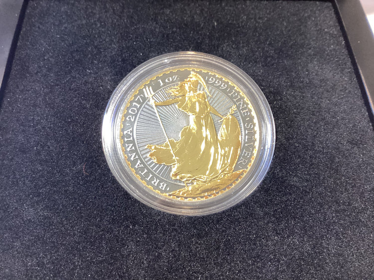2017 2 Pound. Britannia Gold Enigma Premium Edition. 1oz Silver Proof Gilded Coin.