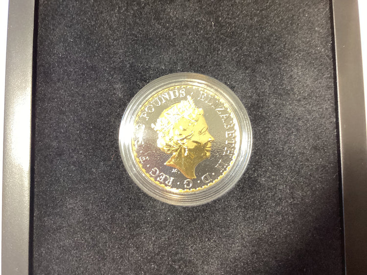 2017 2 Pound. Britannia Gold Enigma Premium Edition. 1oz Silver Proof Gilded Coin.