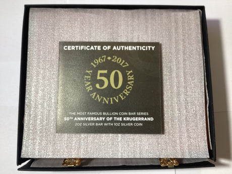2017 The Most Famous Bullion Coin Bar Series. 50th Anniversary of the Krugerrand. 2oz Silver Bar with 1oz Silver Coin.