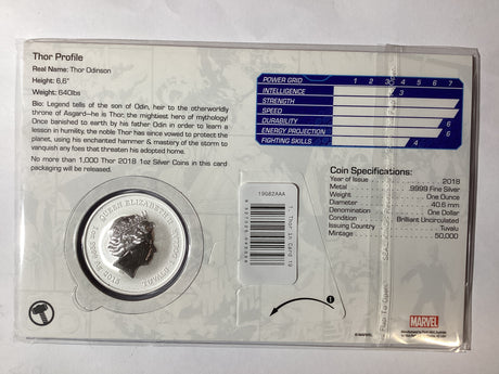 2018 $1 1oz Silver Coin. Marvel. Thor