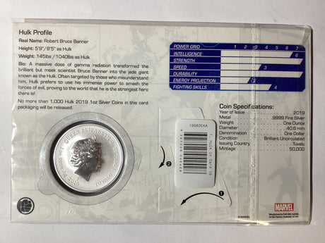 2019 $1 1oz Silver Coin. Marvel. Hulk.