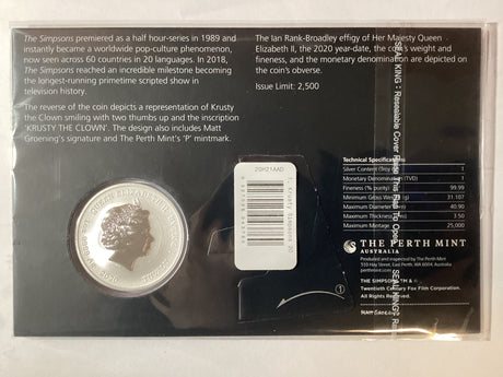 2020 $1 1oz Silver Carded Coin. The Simpsons. Krusty The Clown.
