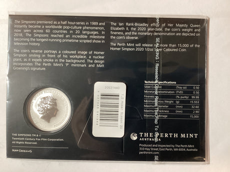 2020 50c 1/2oz Silver Coloured Carded Coin. Homer Simpson.