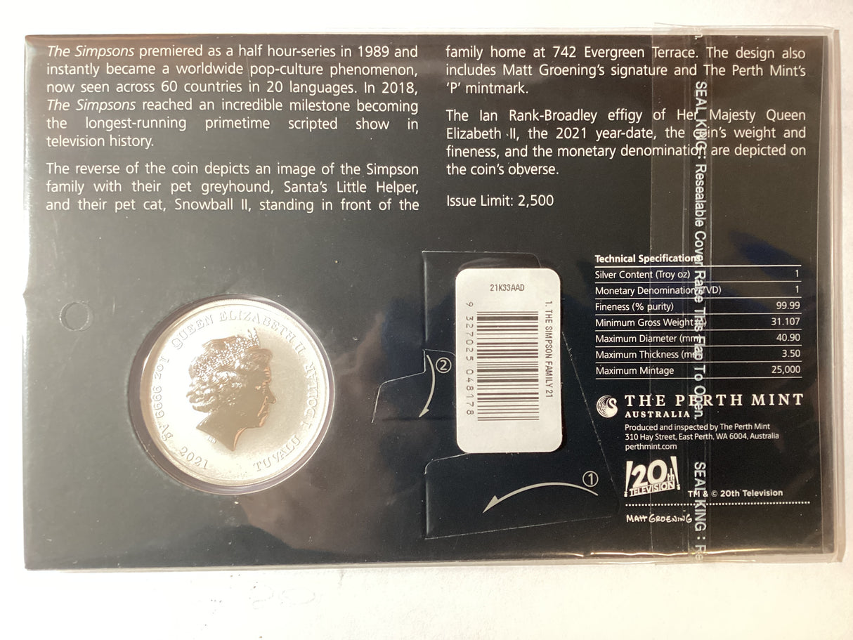 2021 $1 1oz Silver Carded Coin. The Simpsons. The Simpson Family.