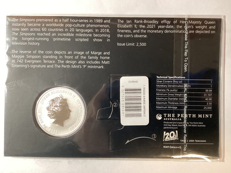 2021 $1 1oz Silver Carded Coin. The Simpsons. Marge and Maggie Simpson.