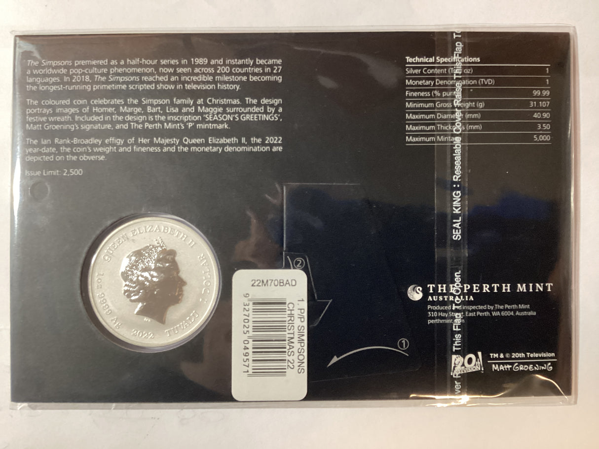2022 $1 1oz Silver. Coloured Carded Coin. The Simpsons. Season’s Greetings.