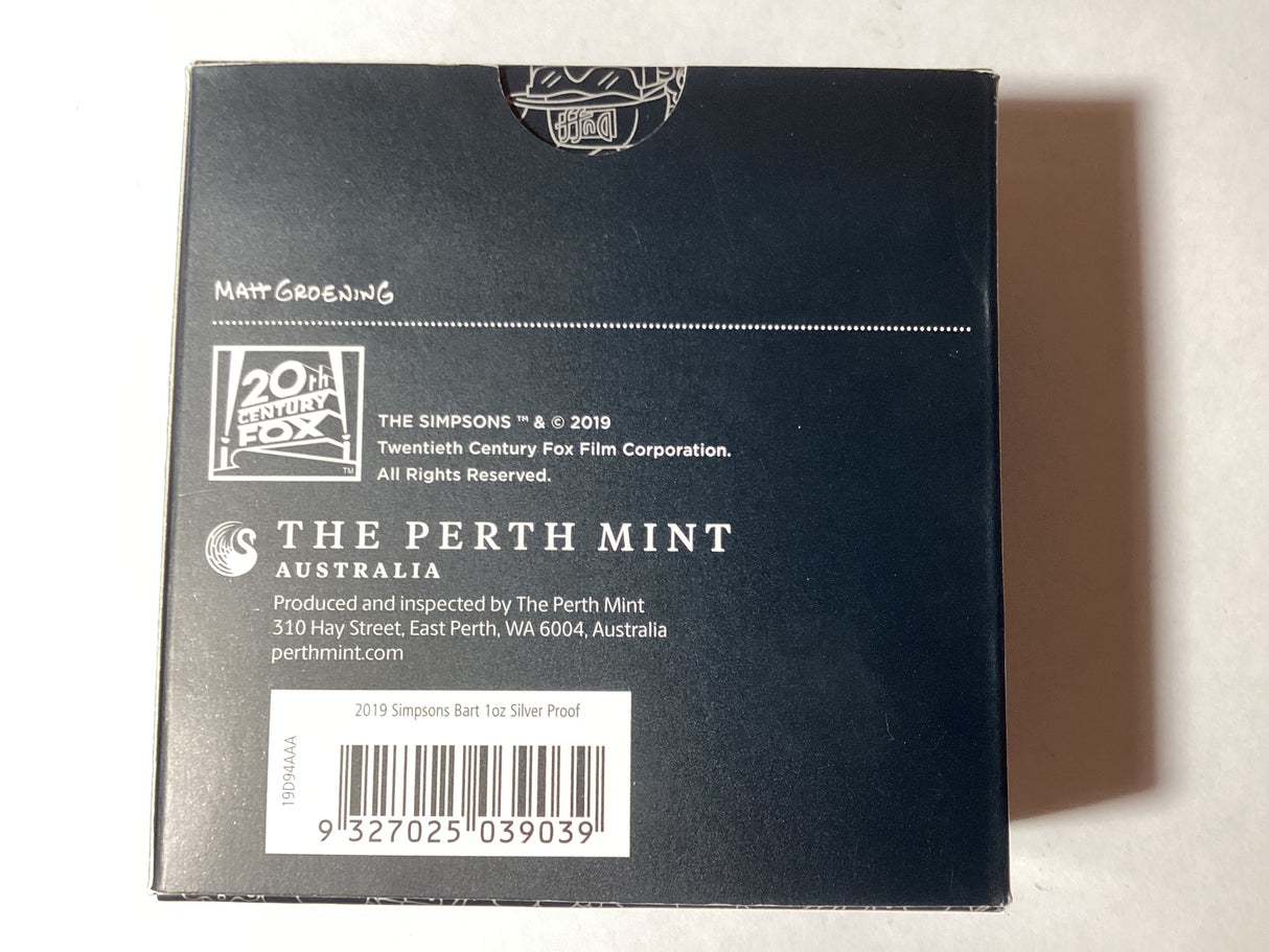 2019 $1 1oz Silver Proof Coloured Coin. The Simpsons. Bart Simpson.