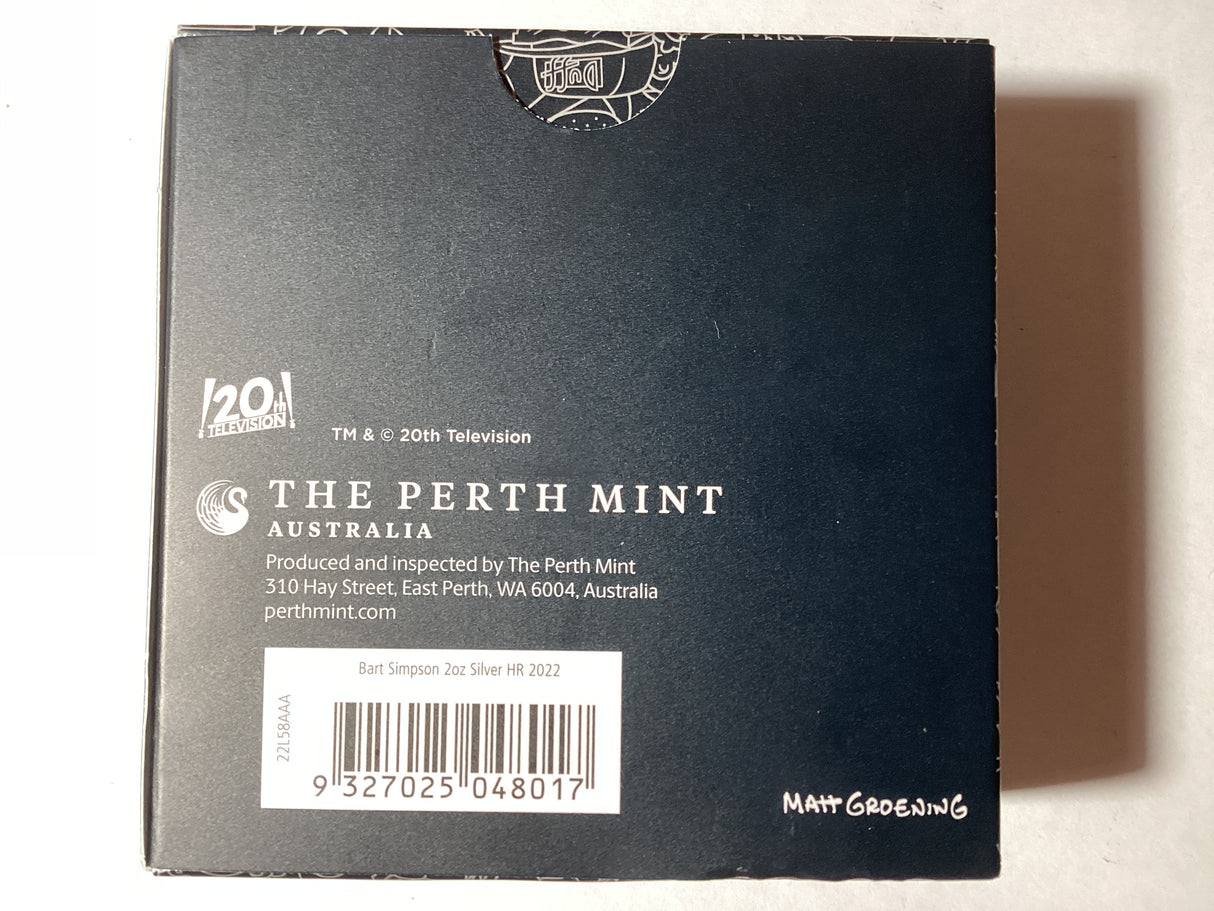 2022 $2 2oz Silver Proof High Relief Coin. The Simpsons. Bart Simpson.