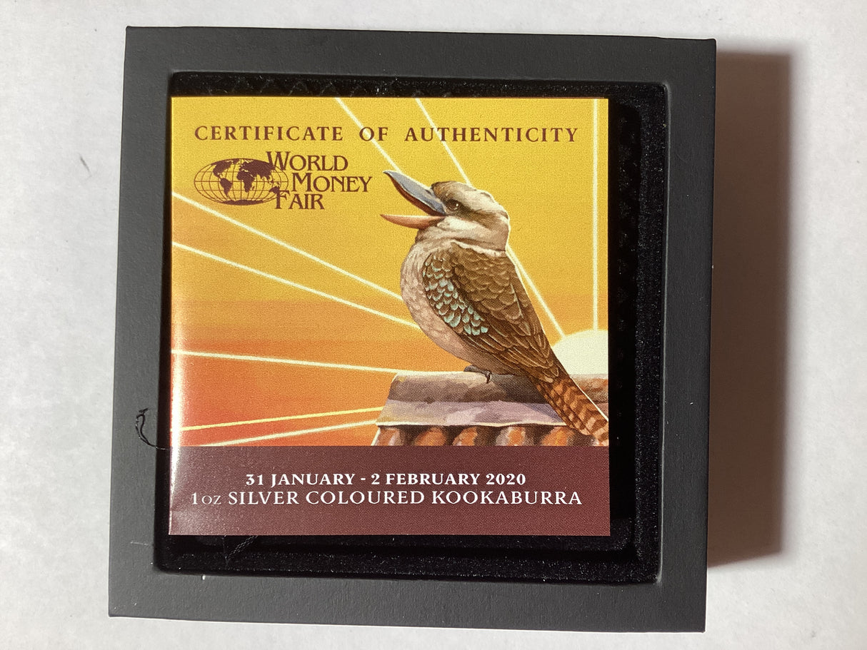 2020 $1 1oz Silver Proof Coloured Kookaburra. World Money Fair.