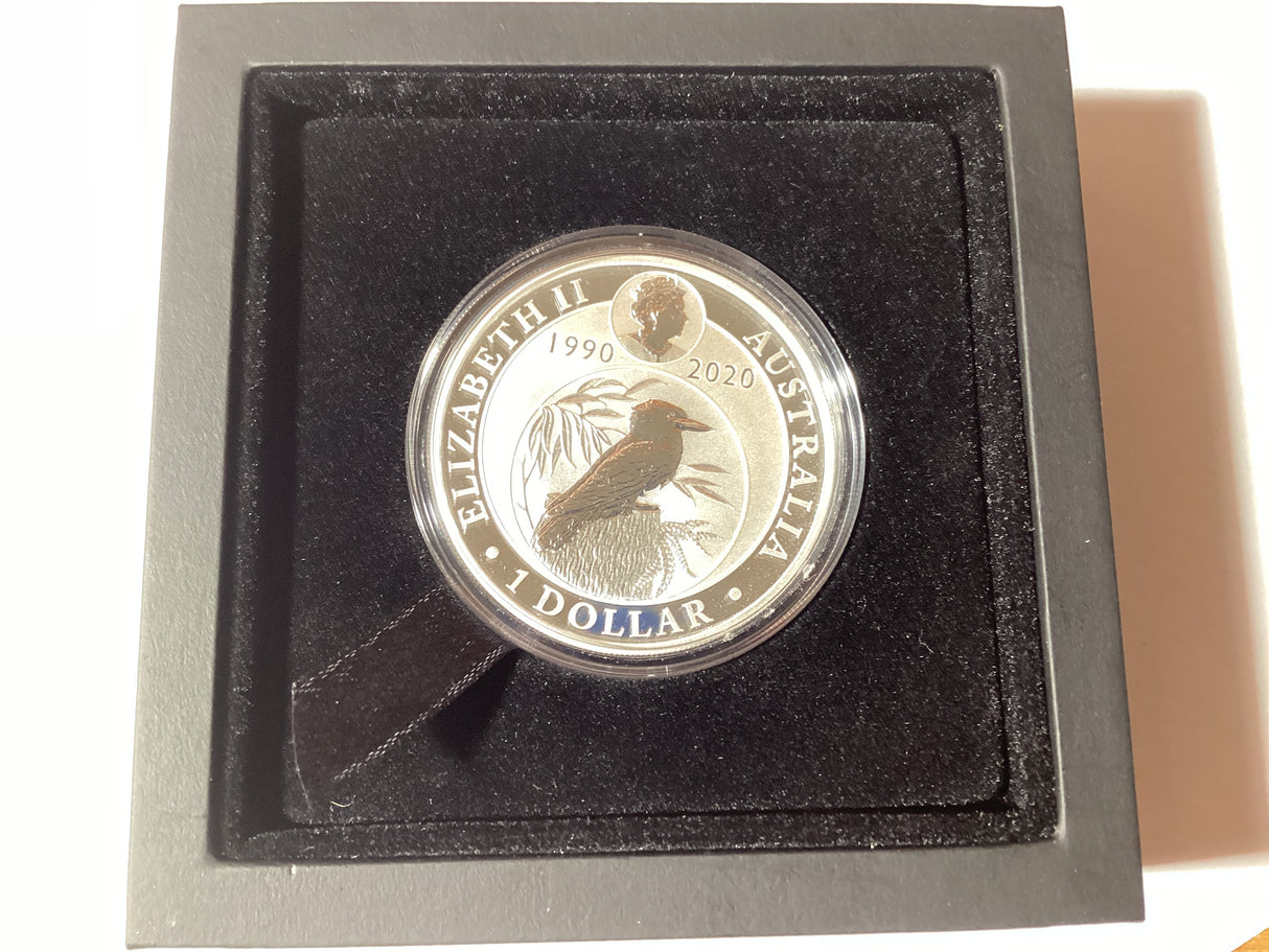 2020 $1 1oz Silver Proof Coloured Kookaburra. World Money Fair.