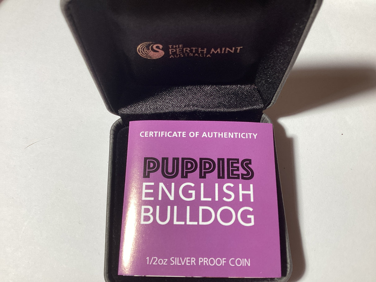 2018 50c 1/2oz Coloured Silver Proof Coin. Puppies Series. English Bulldog.
