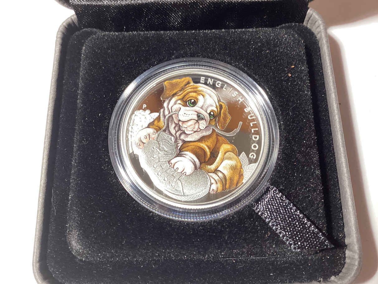 2018 50c 1/2oz Coloured Silver Proof Coin. Puppies Series. English Bulldog.