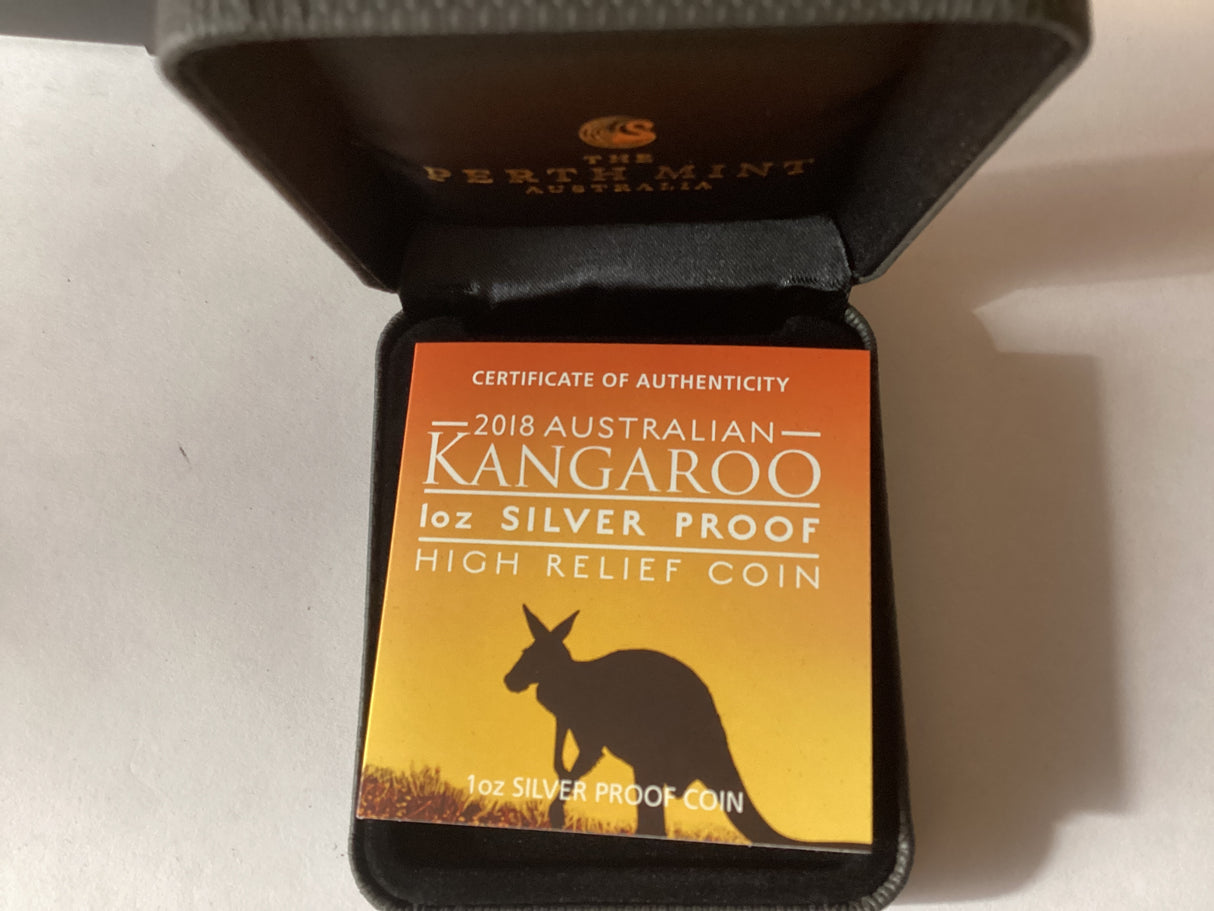 2018 $1 1oz Silver Proof High Relief Coin. Australian Kangaroo.