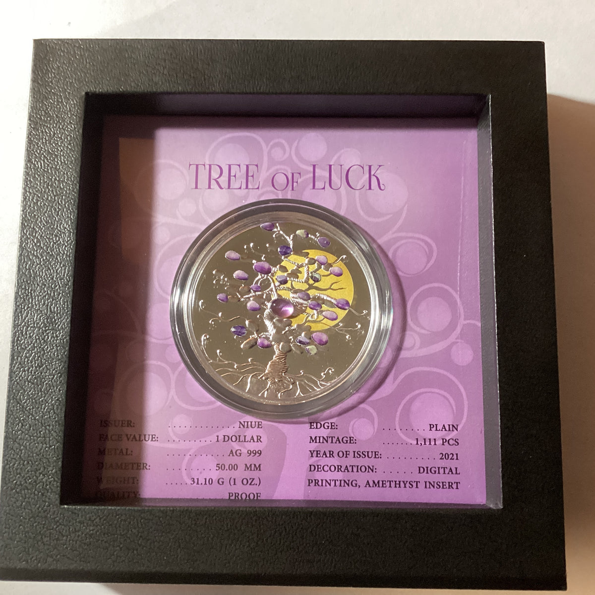 2021 $1 1oz Silver Coloured Proof Coin. Tree of Luck. 1111 made ...