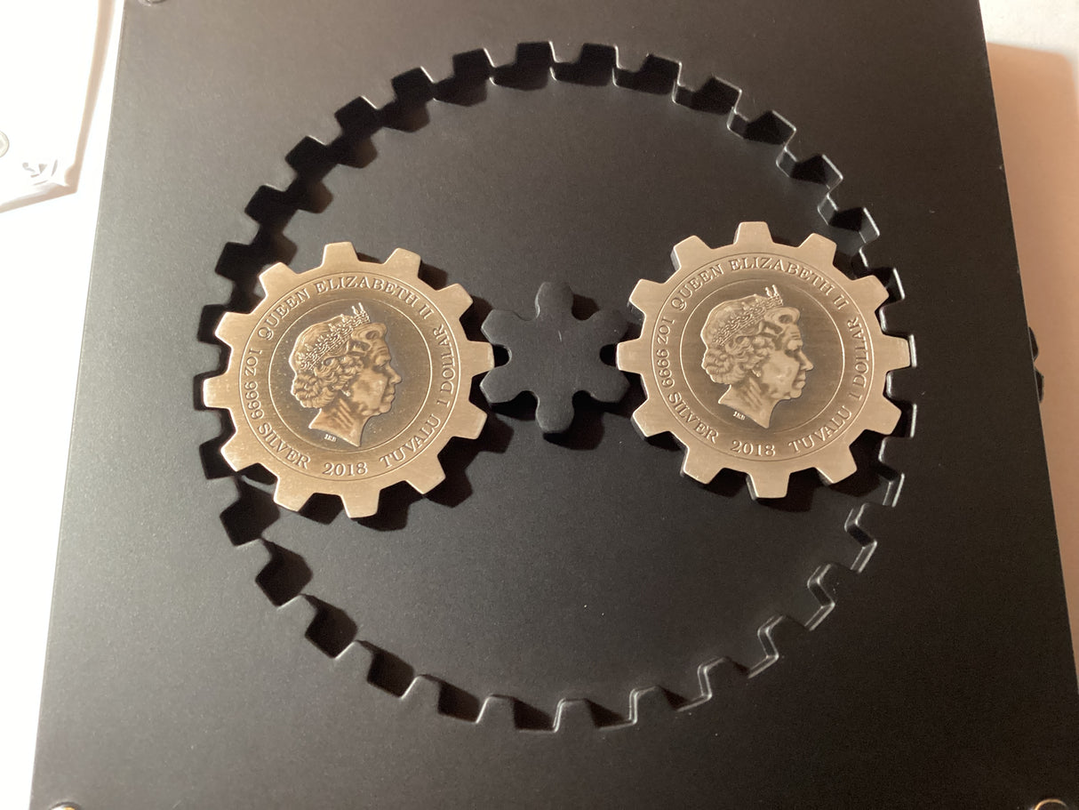 2018 Two-Coin Set. 1oz Gear-Shaped Coins. Evolution of Industry.