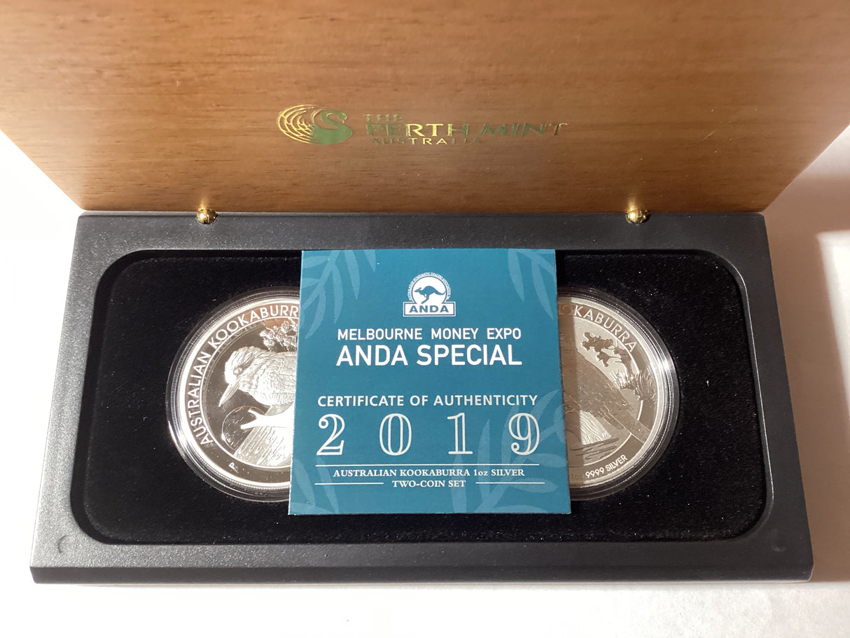 2019 Australian Kookaburra 1oz Silver Proof Two-Coin Set. ANDA Melbourne Special