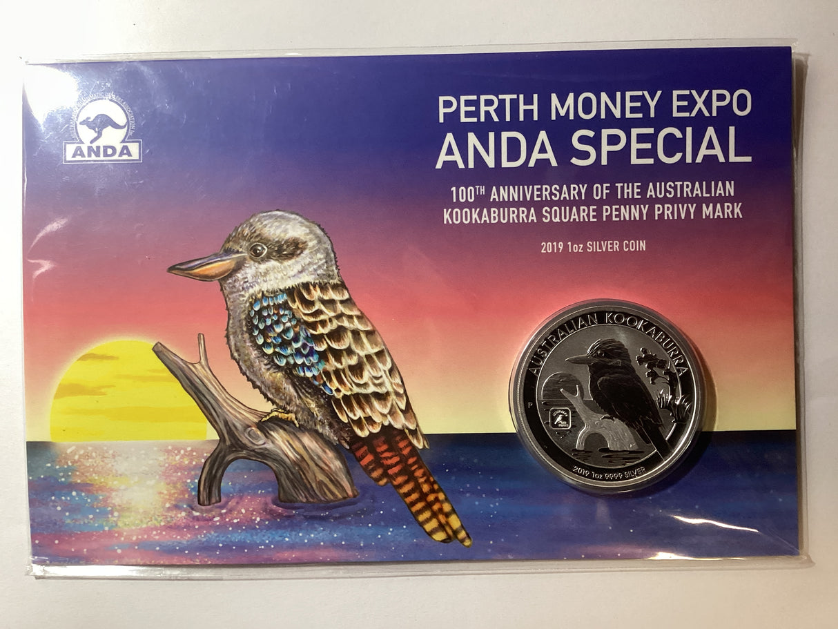 2019 $1 1oz Silver Kookaburra. ANDA Perth. 100th Anniversary of Australian Square Kookaburra Privy Mark.