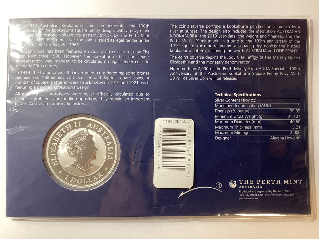 2019 $1 1oz Silver Kookaburra. ANDA Perth. 100th Anniversary of Australian Square Kookaburra Privy Mark.