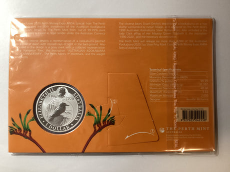 2020 $1 1oz Silver Kookaburra. ANDA Perth. 30th Anniversary of the Kookaburra Floral Privy Mark.