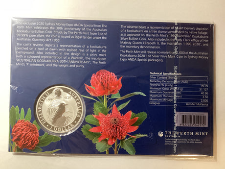 2020 $1 1oz Silver Kookaburra. ANDA Sydney. 30th Anniversary of the Kookaburra Floral Privy Mark.