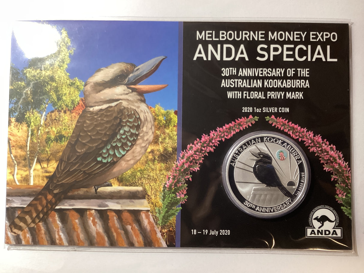 2020 $1 1oz Silver Kookaburra. ANDA Melbourne. 30th Anniversary of the Kookaburra Floral Privy Mark.