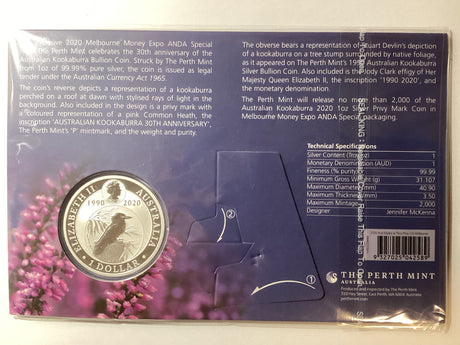 2020 $1 1oz Silver Kookaburra. ANDA Melbourne. 30th Anniversary of the Kookaburra Floral Privy Mark.