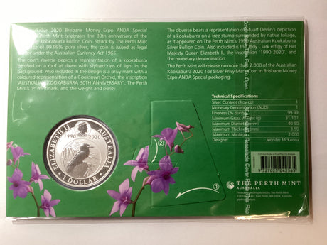 2020 $1 1oz Silver Kookaburra. ANDA Brisbane. 30th Anniversary of the Kookaburra Floral Privy Mark.