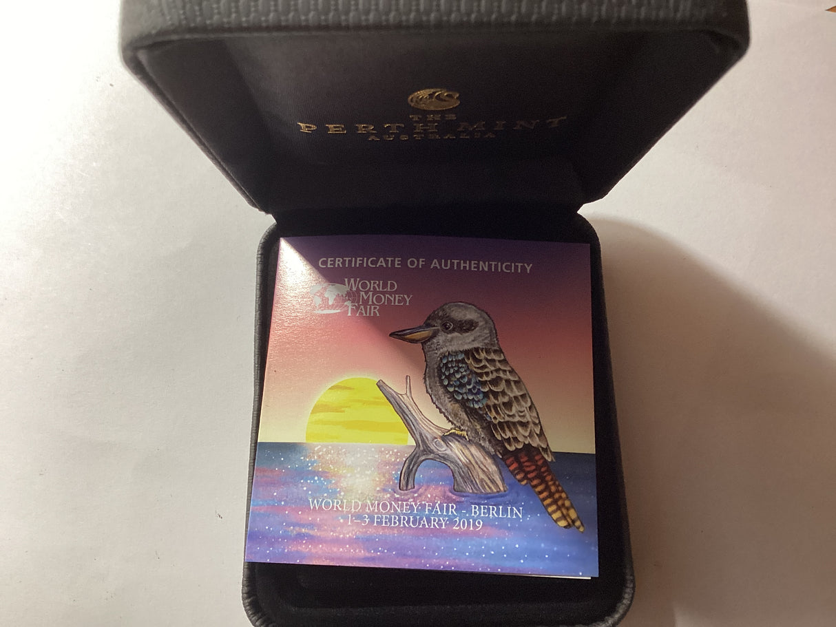 2019 $1 1oz Silver Coloured Kookaburra. World Money Fair Release.