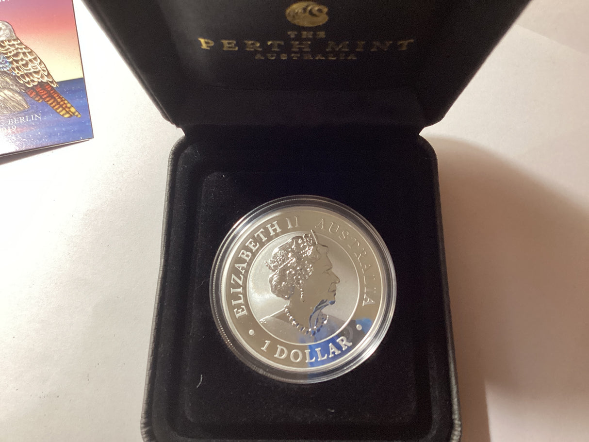 2019 $1 1oz Silver Coloured Kookaburra. World Money Fair Release.