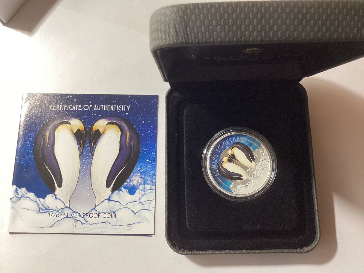 2018 50c 1/2oz Silver Coloured Coin. Always Together. Penguin.