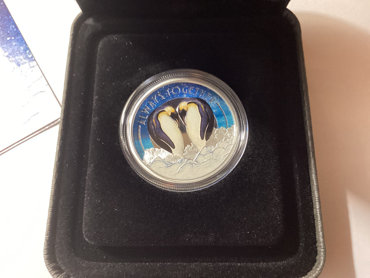 2018 50c 1/2oz Silver Coloured Coin. Always Together. Penguin.