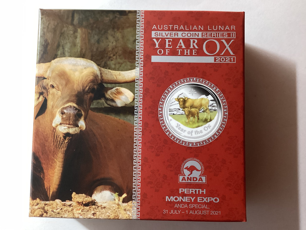 2021 $2 2oz Silver Coloured Proof Coin. Lunar Series. Year of the Ox. ANDA Perth.