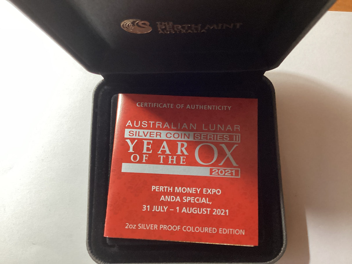 2021 $2 2oz Silver Coloured Proof Coin. Lunar Series. Year of the Ox. ANDA Perth.