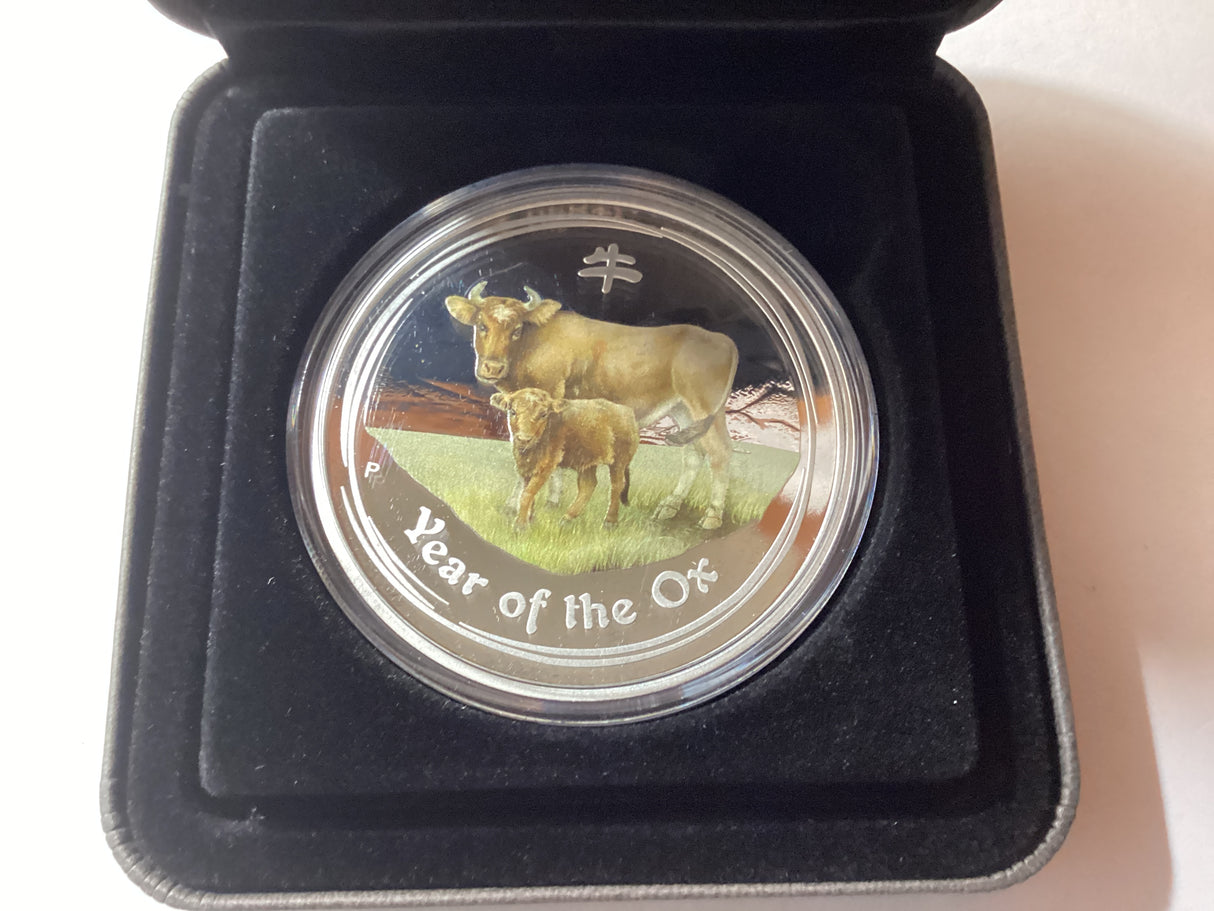 2021 $2 2oz Silver Coloured Proof Coin. Lunar Series. Year of the Ox. ANDA Perth.