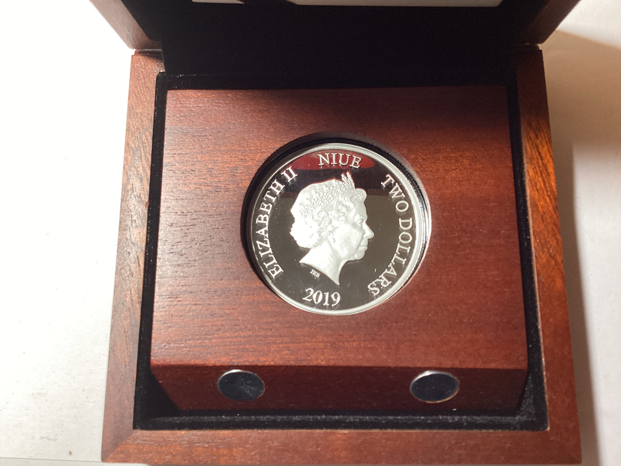 2019 $2 1oz Silver Proof Coloured Coin. New Zealand Mint. Pluto.