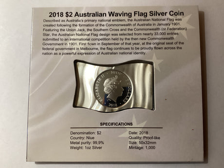 2018 $2 1oz Silver Waving flag Coin. Australian Flag.