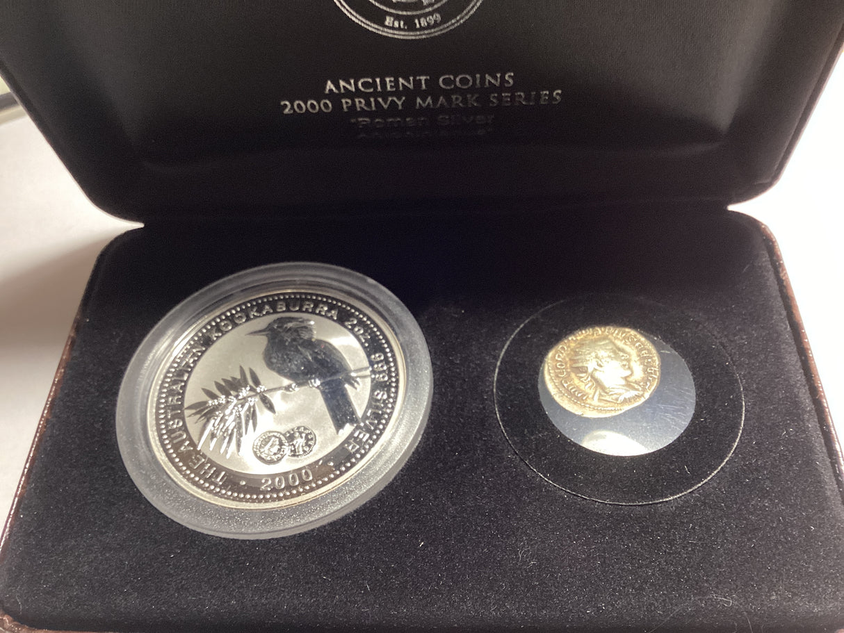 2000 Kookaburra Silver Bullion Coin Series. Ancient Coins Privy Mark. Roman Silver Antoninianus Coin.