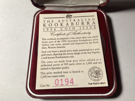 1996 $2 2oz Silver Kookaburra. Star Pagoda Privy Mark. 1500 made