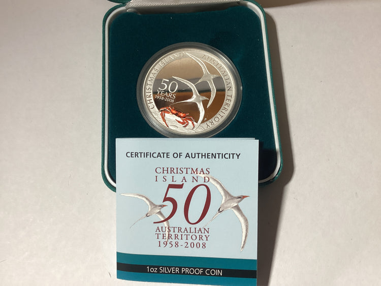 2008 $1 1oz Silver Proof Coin. Christmas Island. 50th Anniversary Australian Territory.