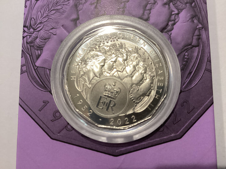 2023 50c Carded Coin. Elizabeth Regina. Platinum Jubilee. 1952-2022